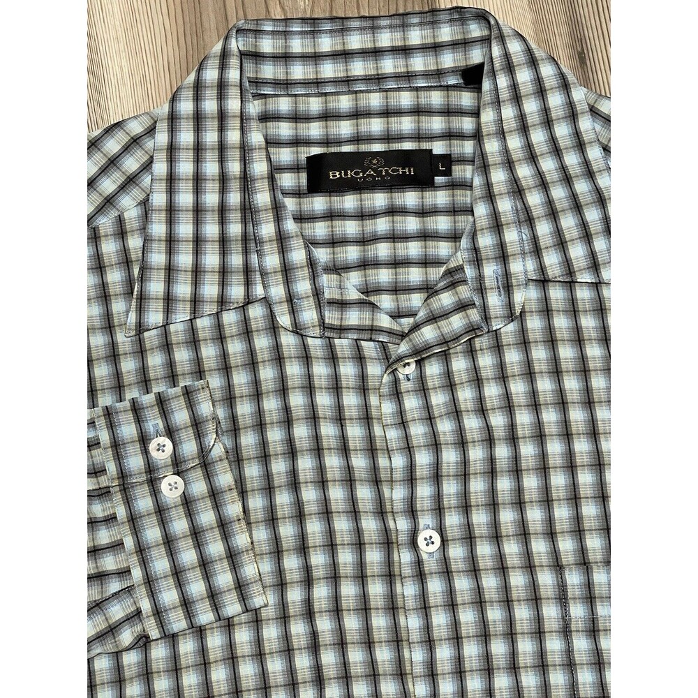 Bugatchi Uomo Men's Size Large Long Sleeve Button Up Blue Black Yellow Plaid